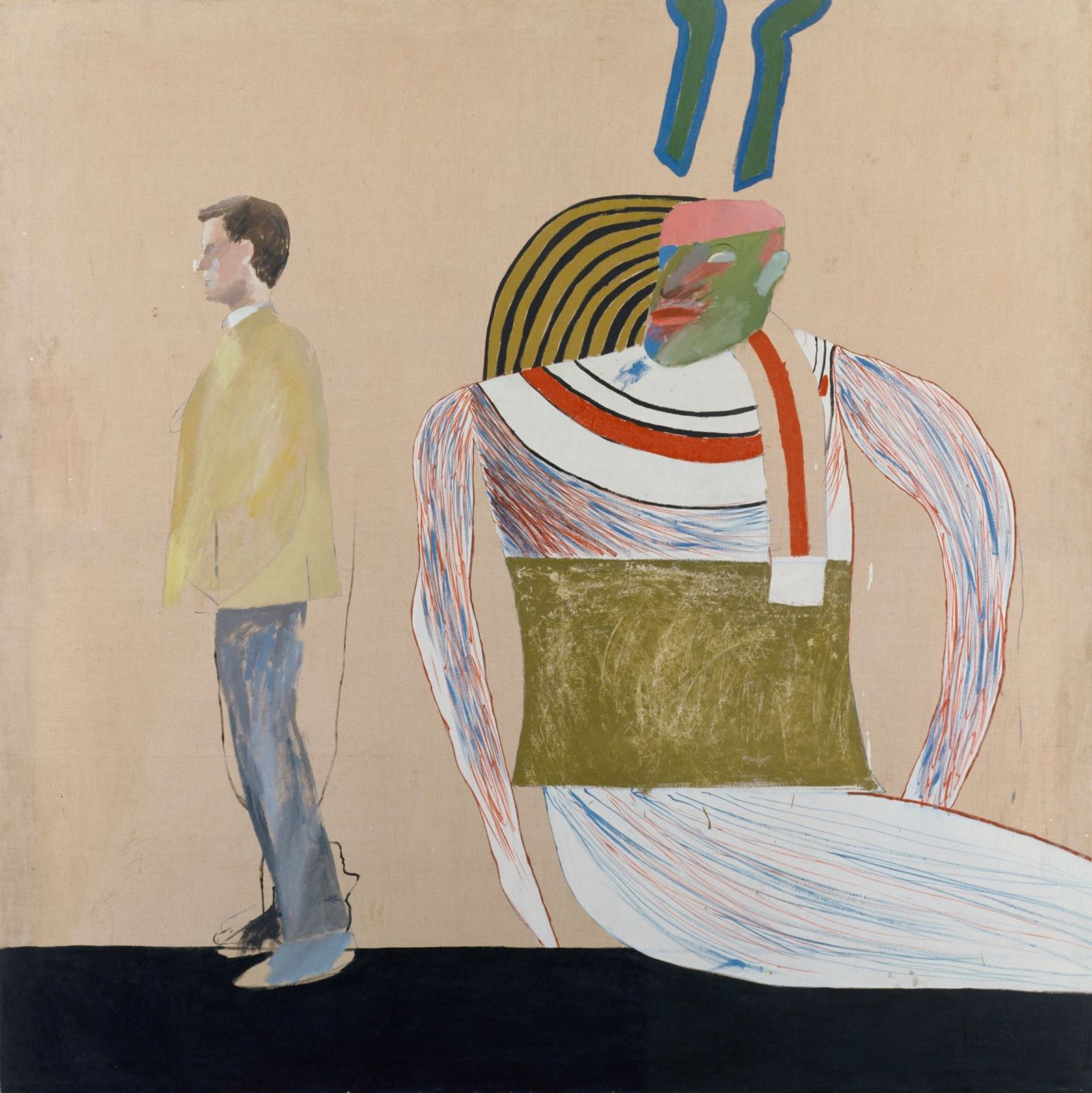Dejvid Hokni, Čovek u muzeju (ili U pogrešnom ste filmu), 1962. Ulje na platnu 147.3 x 152.4 cm, Kolekcija Britanskog saveta, © David Hockney